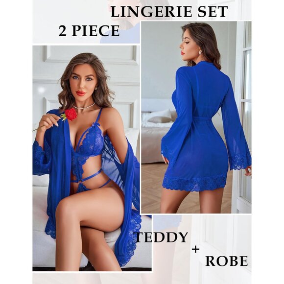 Sensuous Royal Blue Lace Teddy With Scalloped Kimono Robe - Night Delight - Picture 2 of 6